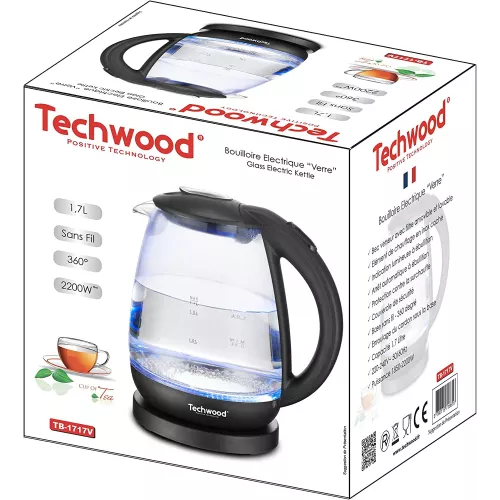 BOUILLOIRE SANS FIL EN VERRE 1.7 L FILTRE AMOVIBLE TECHWOOD